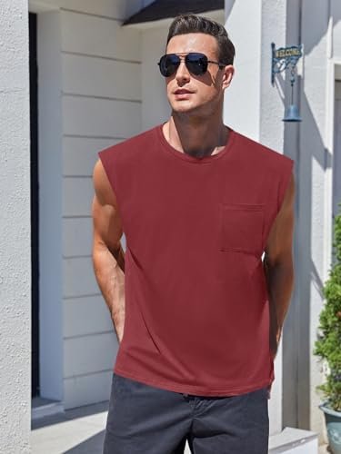 Mens Sleeveless Tank Tops Workout Cut Off Shirts Muscle Gym T Shirts with Pocket